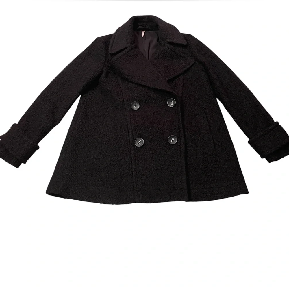 Free People Classic Black Double-Breasted Pea Coat EUC